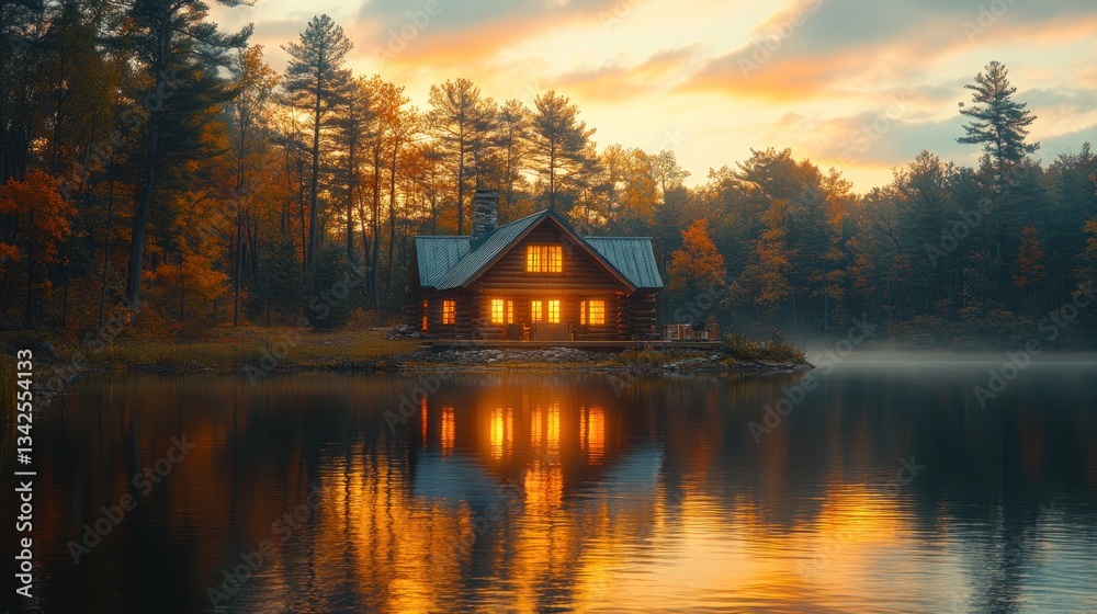 Fototapeta premium Cabin by the Lake at Sunset: A Serene Autumn Evening