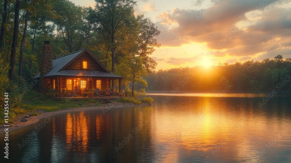 Fototapeta premium Golden Hour at the Lakeside Cabin: A Serene Sunset