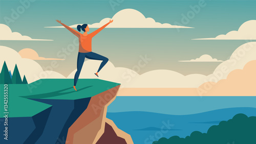 A person stands on the edge of a cliff facing the vast expanse of the open sea as they engage in a morning yoga practice that brings them a sense of strength courage and inner. Vector illustration