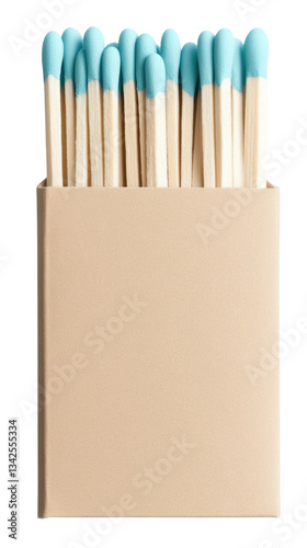 Blank beige matchbook with light blue matches against white background	
