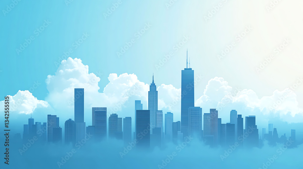 Naklejka premium Modern city skyline emerging through clouds with soft blue tones