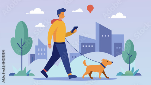 A man takes his dog for a walk enjoying the peacefulness of the neighborhood without the constant buzz of notifications on his dopamine fasting day.. Vector illustration