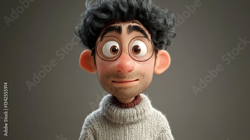 Cartoon Man with Curly Hair and Glasses