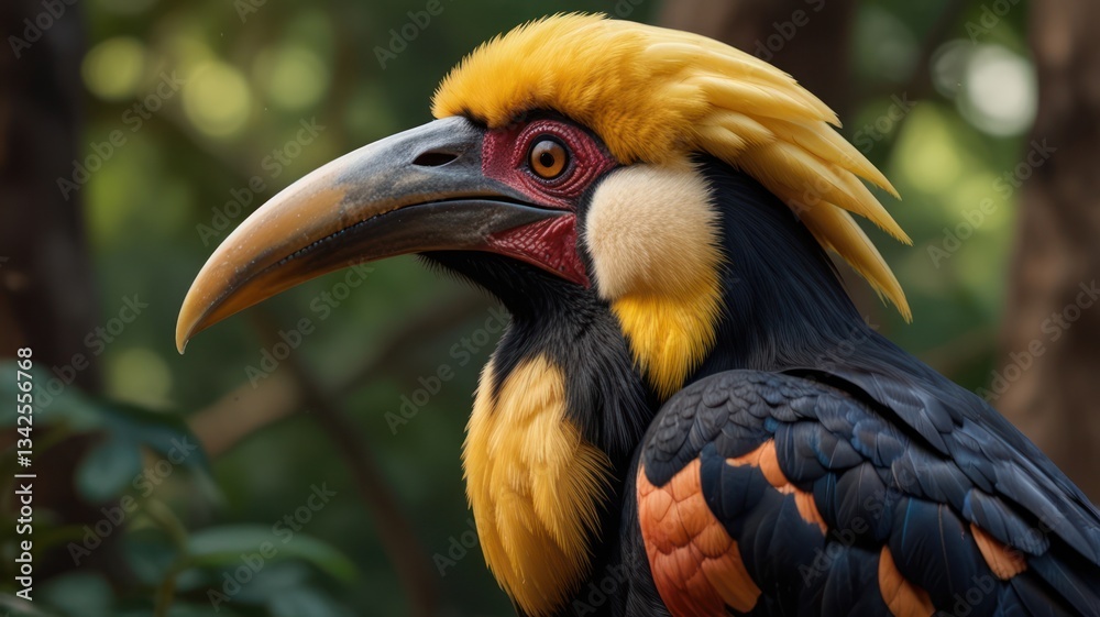 Close-up of a vibrant hornbill, showcasing its colorful plumage and large beak Close-up of a vibrant hornbill, showcasing its colorful plumage and large beak