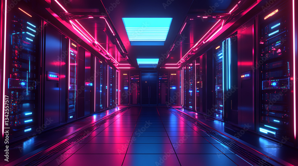 Futuristic server room with vibrant neon lighting and endless rows of technology. Futuristic server room with vibrant neon lighting and endless rows of technology.