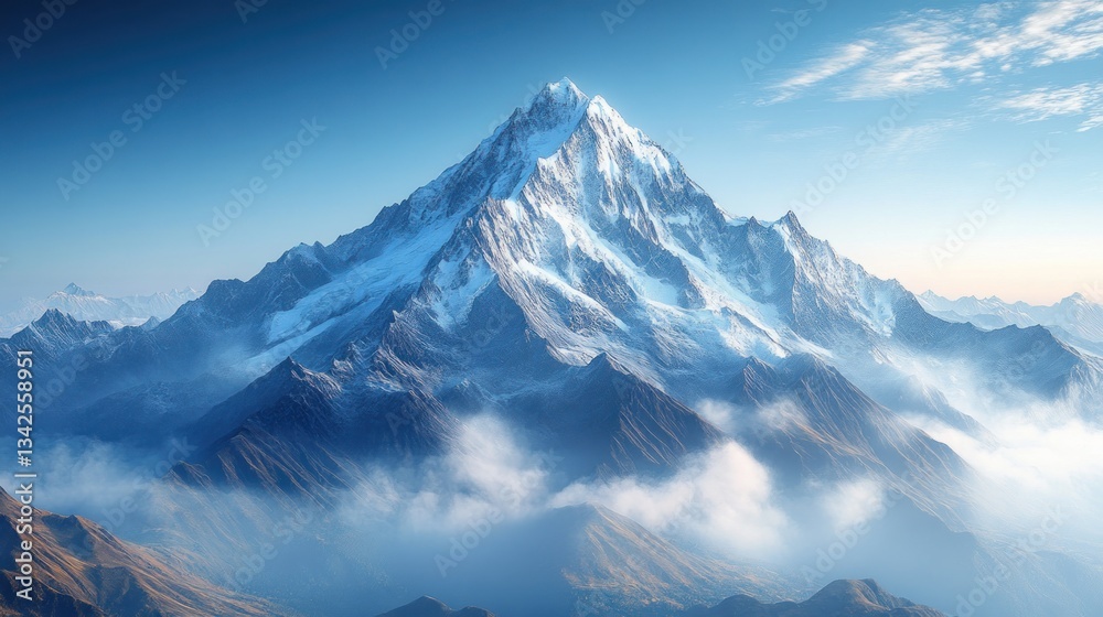 Obraz premium Majestic Snowy Mountain Peak Soaring Above Clouds