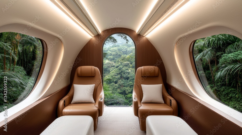 Train car featuring a stunning view of the lush jungle landscape through the large in a relaxed setting Train car featuring a stunning view of the lush jungle landscape through the large in a relaxed setting