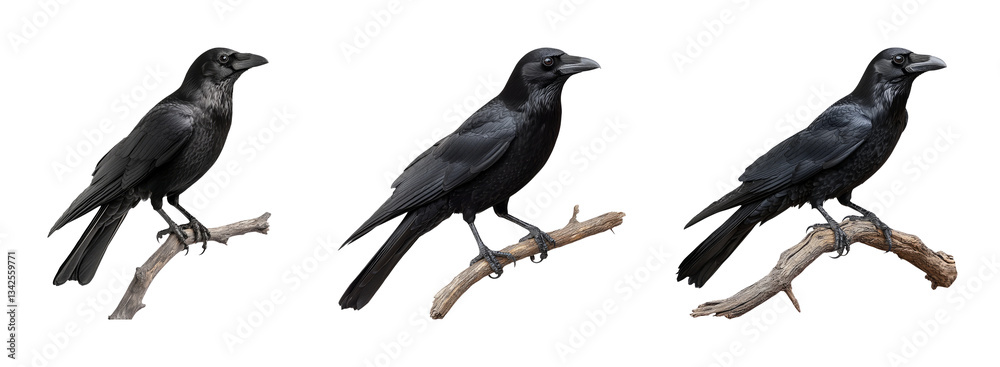 Fototapeta premium Three Black Ravens Perched on Branches in Varied Poses and Angles