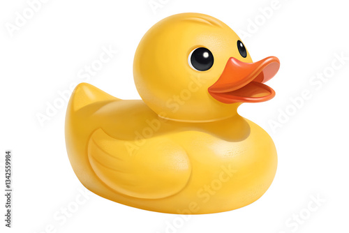 Yellow rubber duck with orange beak isolated on transparent background, classic bath toy for kids, cute plastic floating duck