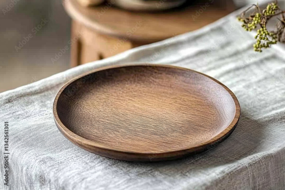 Rustic wooden plate on a textured tablecloth in a cozy indoor setting showcasing simple elegance