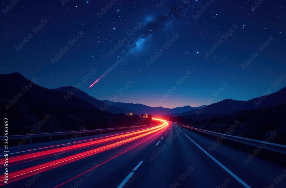 Fototapeta premium Night starry sky. Meteor shower, abstract space background. High speed highway in long delay, with car lights at night on the autobahn.