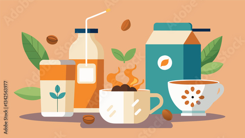 A variety of plantbased milk options for a dairyfree twist on coffee or cereal.. Vector illustration