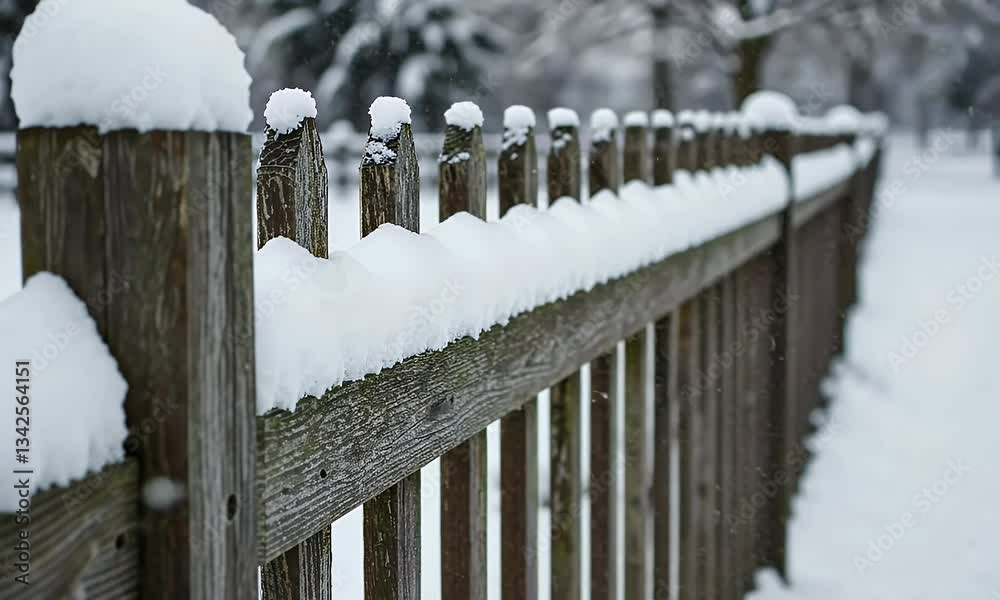 Snowy Wood Fence Detail in Winter with Falling Snowflakes
