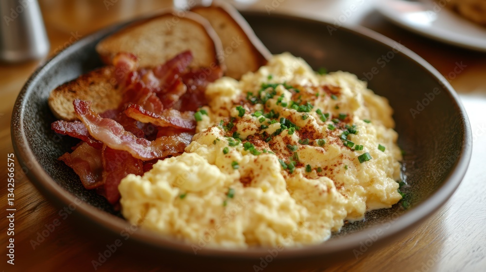 A symphony of textures and flavors unfolds as a golden-brown plate reveals a fluffy cloud of freshly scrambled eggs nestled amidst crispy bacon and fluffy toast, all bathed in the warm glow of a A symphony of textures and flavors unfolds as a golden-brown plate reveals a fluffy cloud of freshly scrambled eggs nestled amidst crispy bacon and fluffy toast, all bathed in the warm glow of a