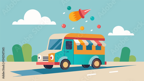 The ice cream truck zooms down the street the sound of bells and childrens laughter trailing behind it as they eagerly follow.. Vector illustration