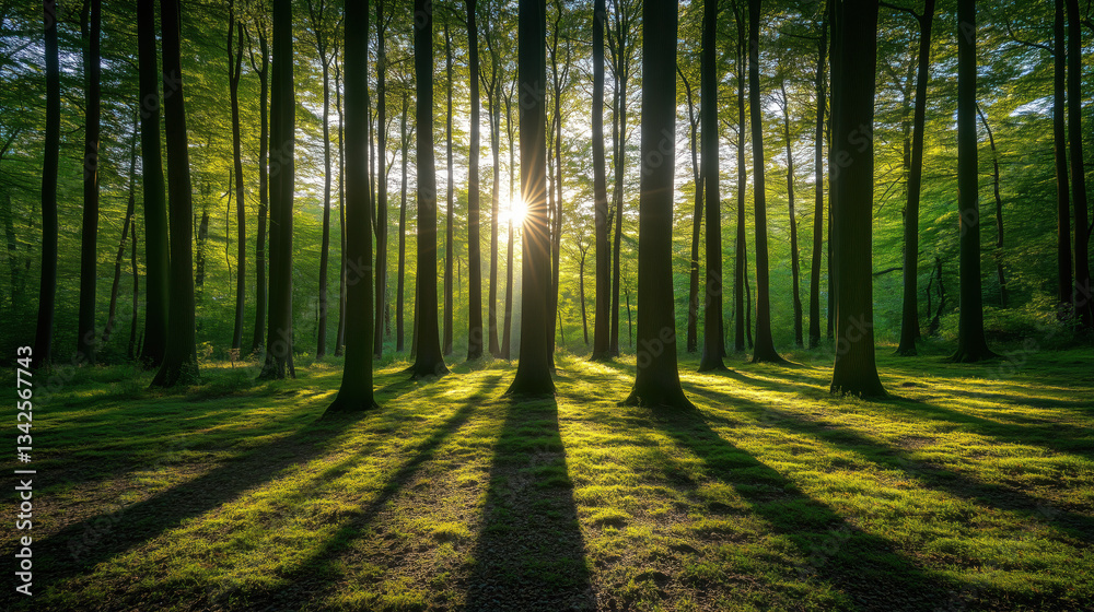 Fototapeta premium Sunny Forest with Tall, Straight Trees Casting Long Shadows, Featuring a Natural Forest Floor Space Perfect for Adding Promotional Text