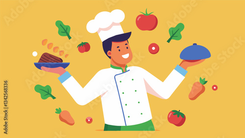 The chef skillfully tosses the beef and vegetables together creating a beautiful display of colors and textures.. Vector illustration
