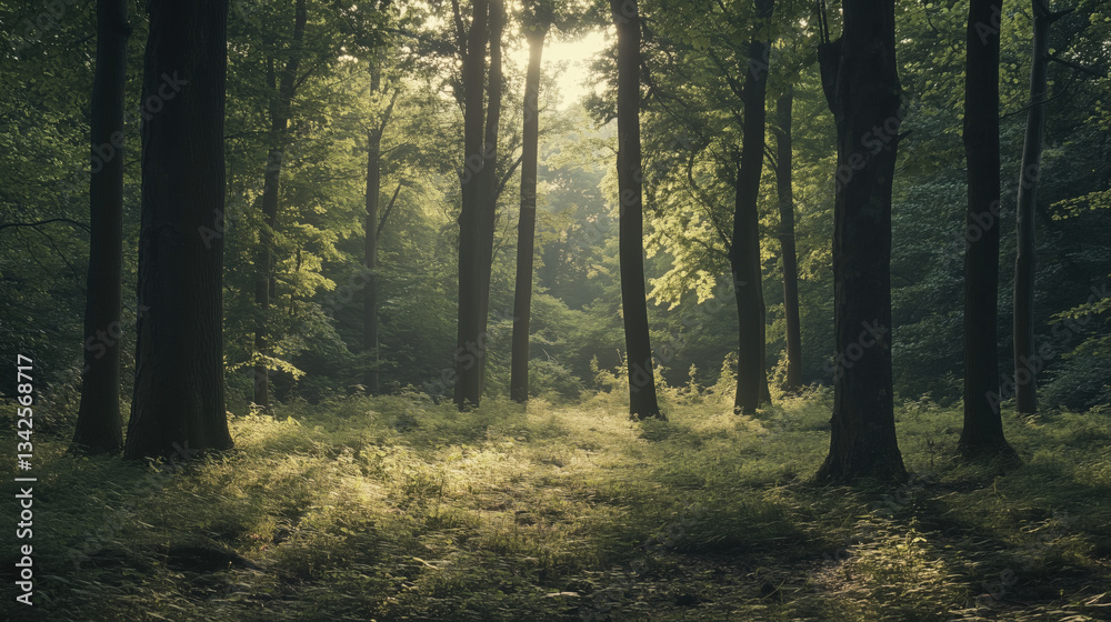 Obraz premium Summer Forest with Towering Trees Beneath a Bright Sky, Offering Natural Open Space Between Trees for Creative Additions and Visual Enhancement