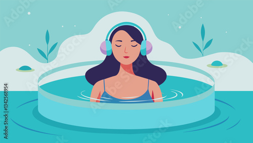 A floating therapy session at a peaceful retreat center allows a woman to release all the worries and anxieties of her day. With her ears submerged under the water she is coed in a. Vector