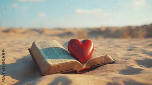 Desert landscape with an open book and a red heart