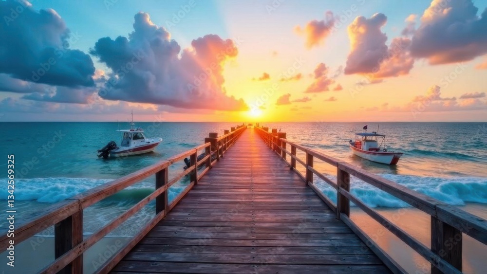 Atmospheric wooden jetty on over the beautiful beach with blue sky, wooden pier with small boats at summer sunset Atmospheric wooden jetty on over the beautiful beach with blue sky, wooden pier with small boats at summer sunset