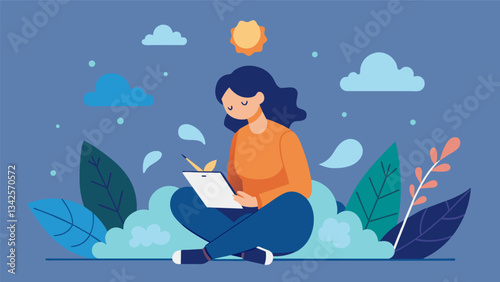 A person sitting crosslegged in nature journaling about their moods and reflections from a mood tracking app.. Vector illustration