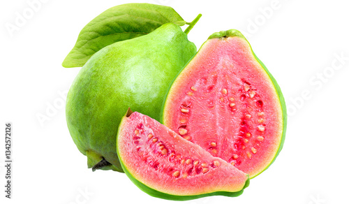 Tableau sur toile Fresh guava fruit with pink flesh and green skin isolated on white background