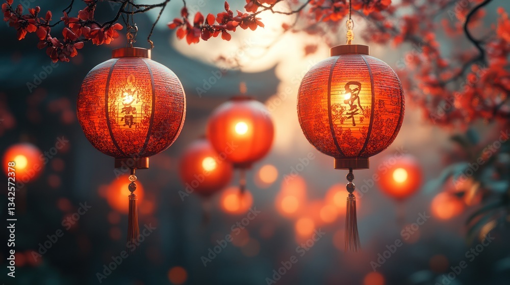 Enchanted Evening: Glowing Lanterns Amidst Blossoming Branches Enchanted Evening: Glowing Lanterns Amidst Blossoming Branches