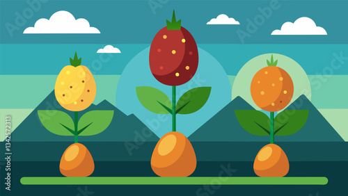 The Andean Potato Varieties Display showcases the adaptability of these tubers as they thrive in both high altitudes and lower elevations.. Vector illustration