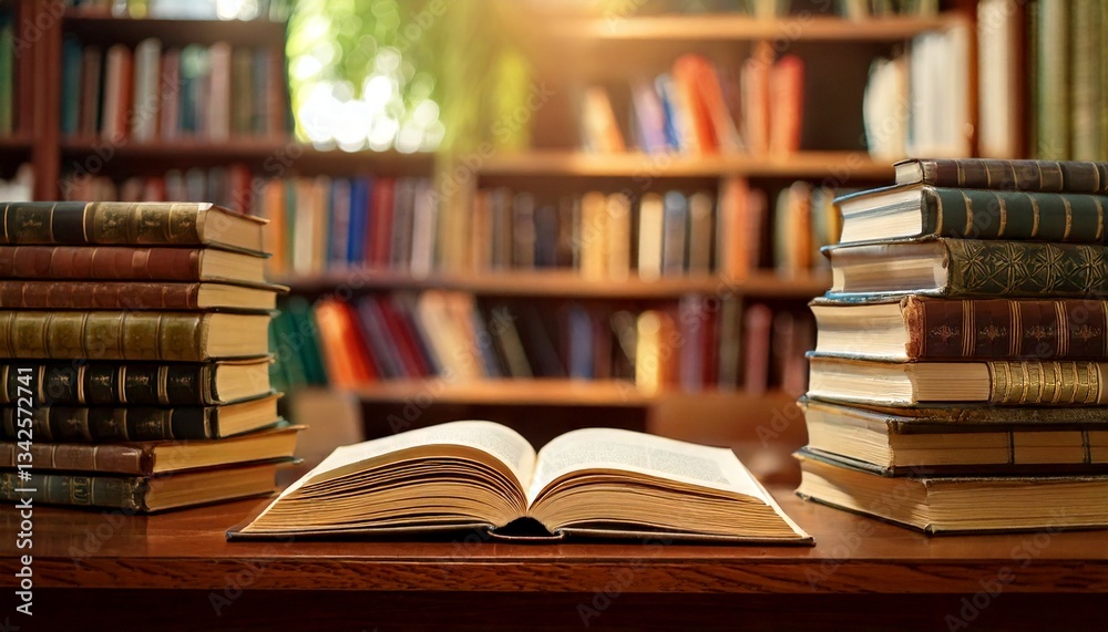 図書館で積み上げられた本と開かれた読みかけの本がテーブルに置かれている様子