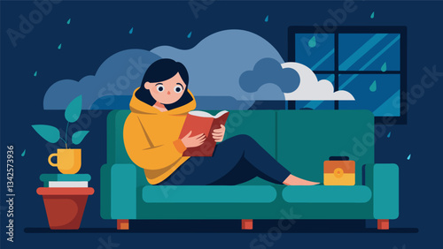 A rainy day spent curled up on a couch with a mystery novel and a steaming cup of tea.. Vector illustration
