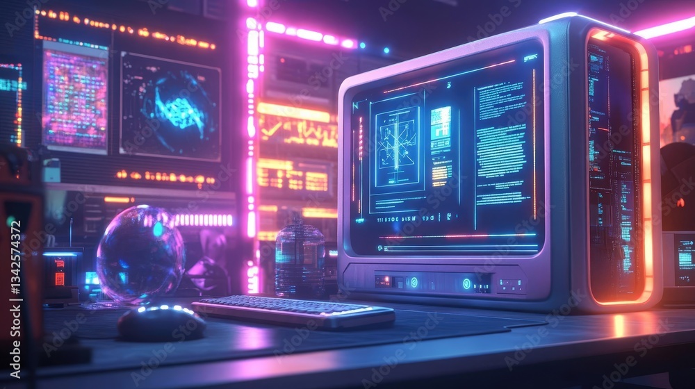 Obraz premium Vibrant Neon Lights Highlight Retro Futuristic Computer Setup Described In Detail. Detailed View of A Trendy Computer Workstation. Futuristic, Glowing Lights Illuminate Digital Interface. Desk