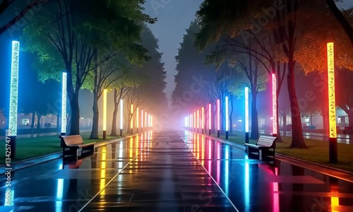 Walking Through a City Park with Colorful Light Installations at Night