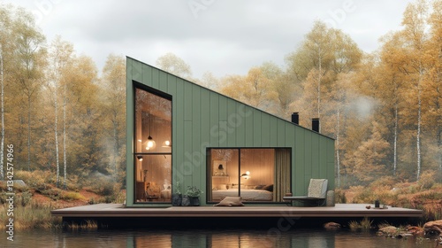 Modern Green Cabin on Lake in Autumn Forest