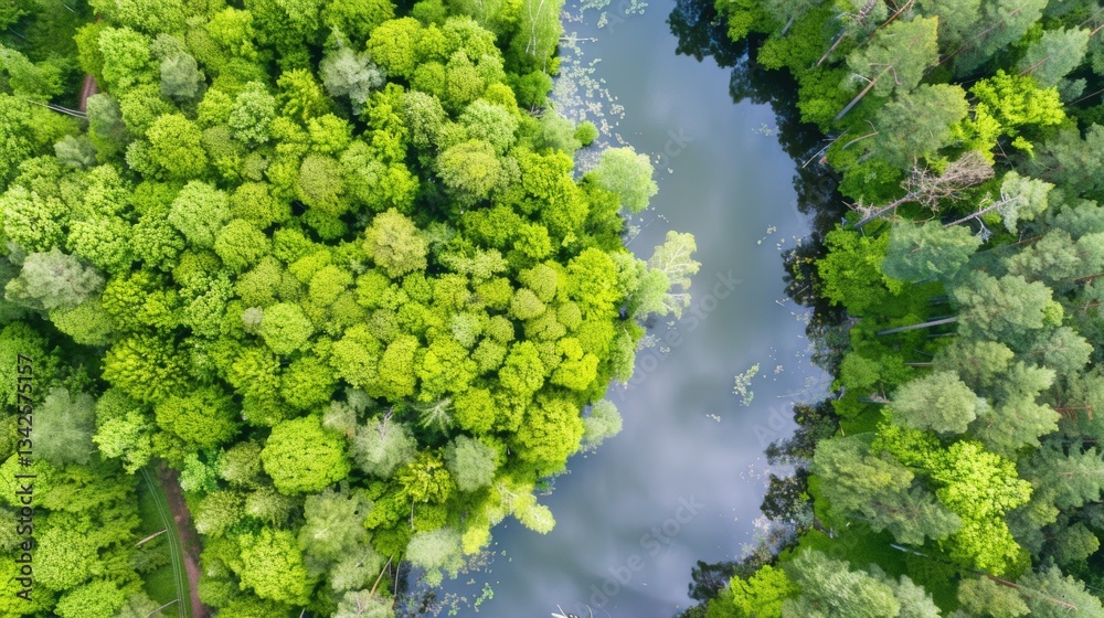 Naklejka premium Breathtaking Aerial View: River and Lush Green Forest in Tuchola Natural Park