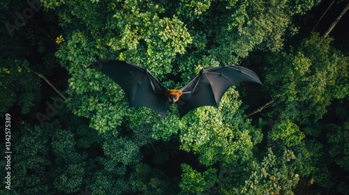 Majestic bat soars through lush rainforest canopy photo
