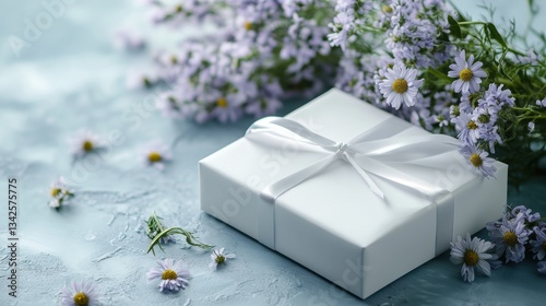A blank card, its surface awaiting the inscription of heartfelt wishes, sat nestled beside a pristine white gift box, its satin ribbon beckoning to be tied. A bouquet of delicate chamomile flowers,