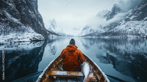 Smi fisherman hauling in a catch from the icy waters of the Arctic Ocean his boat surrounded by towering fjords captured with a prime lens
