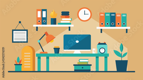 A minimalist office space with only the necessary tools and a clutterfree desk to help increase productivity.. Vector illustration