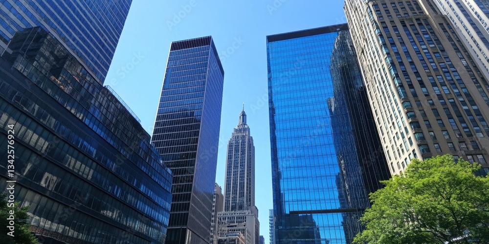 Fototapeta premium Skyscrapers and architecture viewed from a city street below the blue sky