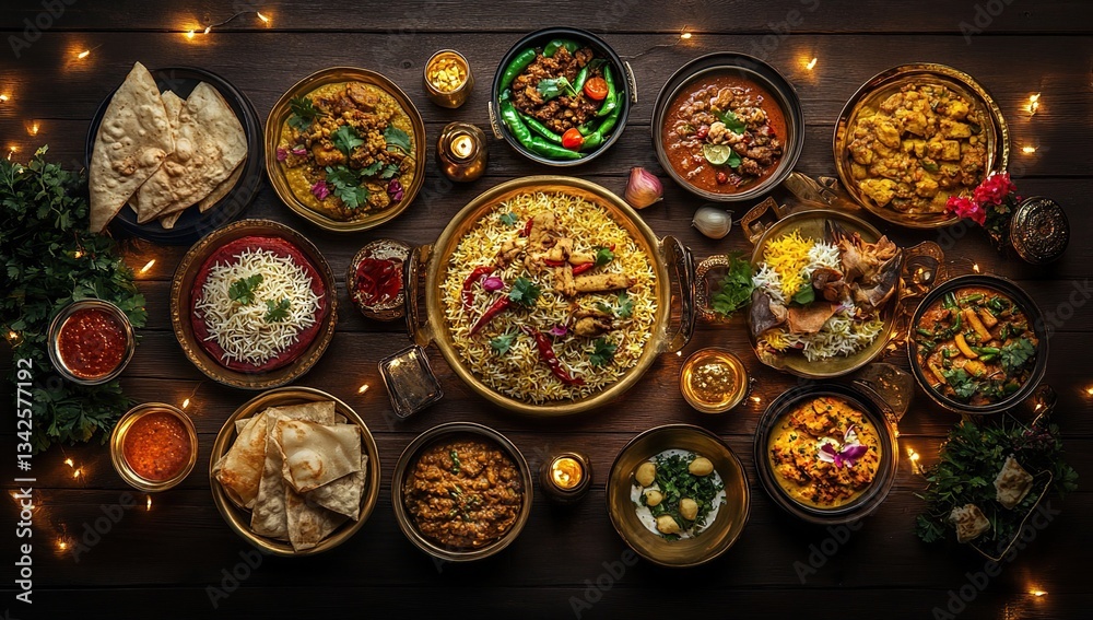 Aromatic Indian Cuisine Feast, Overhead Food Photo Aromatic Indian Cuisine Feast, Overhead Food Photo