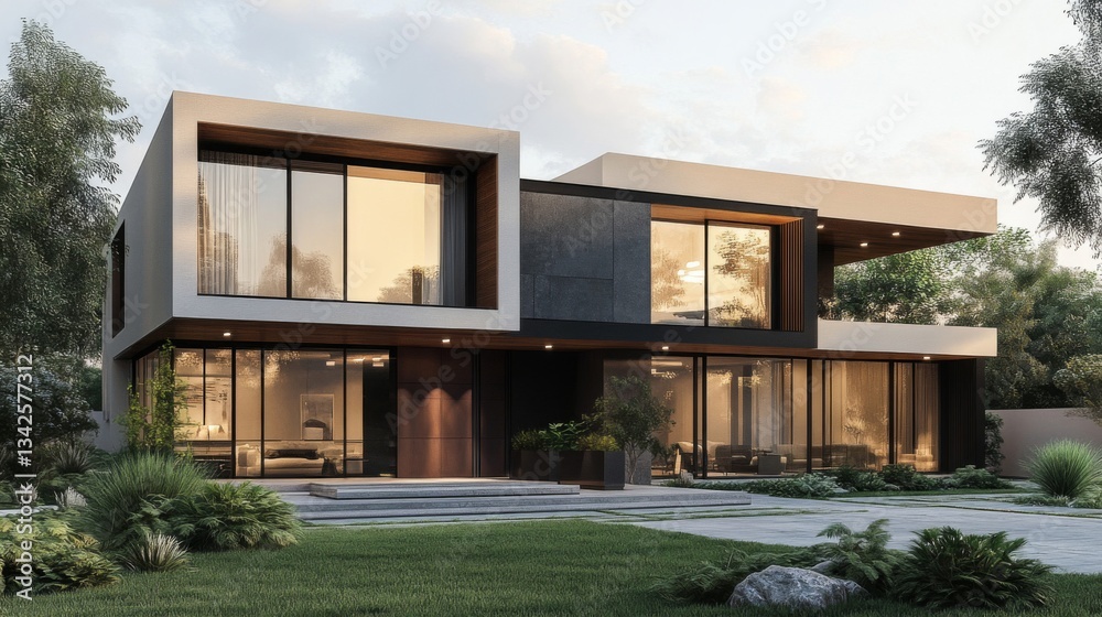 Fototapeta premium Modern Beige House with Stone and Glass Exterior at Sunset