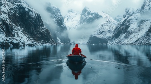Smi fisherman hauling in a catch from the icy waters of the Arctic Ocean his boat surrounded by towering fjords captured with a prime lens