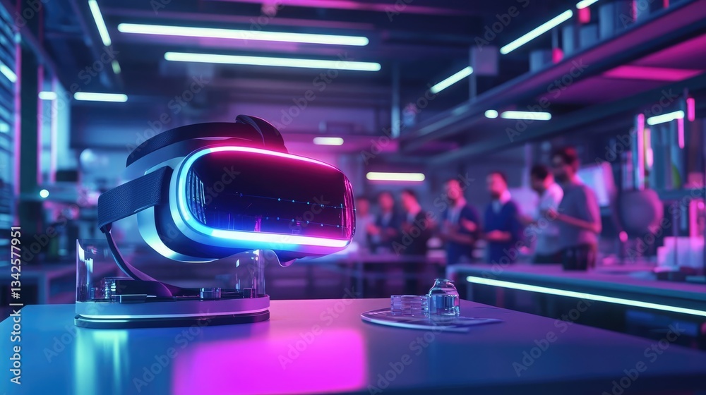 Virtual Reality Headset in a Modern Laboratory Setting with Neon Lighting and Glowing Colors. Experimentation and Innovation in a Futuristic Workplace Setting. Digital Research and Development. Virtual Reality Headset in a Modern Laboratory Setting with Neon Lighting and Glowing Colors. Experimentation and Innovation in a Futuristic Workplace Setting. Digital Research and Development.