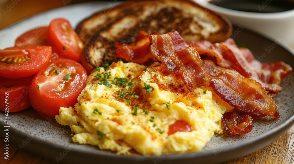 A symphony of culinary delights unfolds: fluffy scrambled eggs nestled amidst crispy bacon, juicy tomatoes, and a mountain of buttery toast, all served with a side of steaming hot coffee. A symphony of culinary delights unfolds: fluffy scrambled eggs nestled amidst crispy bacon, juicy tomatoes, and a mountain of buttery toast, all served with a side of steaming hot coffee.
