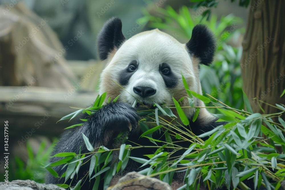 Naklejka premium Giant panda eats bamboo in a lush green forest during the day, surrounded by trees and foliage