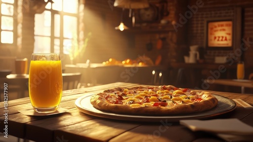 Warm Sunlight Illuminates Rustic Kitchen Setting With Pizza And Orange Juice.A Tasty Meal In A Cozy Kitchen.A Delicious Breakfast Or Lunch In A Rustic Kitchen.Warm Sunlight On A Table With Pizza And