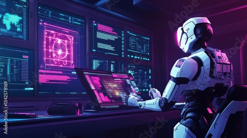 White Robot Operating Futuristic Digital Control Panel With Neon Lights And Screens Displaying Data With Computer Generated Graphics in a Dark Room.  System With Artificial Intelligence Controls