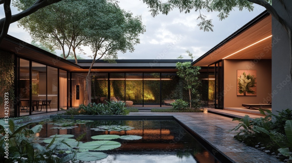 Fototapeta premium Modern courtyard home with tranquil water feature. Lush greenery surrounds a tranquil pool, reflecting the surrounding architecture. 
