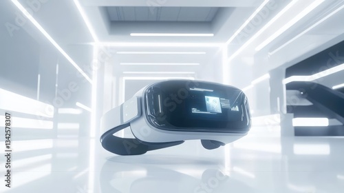 White Virtual Reality Headset in Bright Futuristic Corridor With Geometric Lines and Perspective Views Featuring Abstract Design and High Tech Sleek Minimalist Design and Bright Lighting Clean Modern